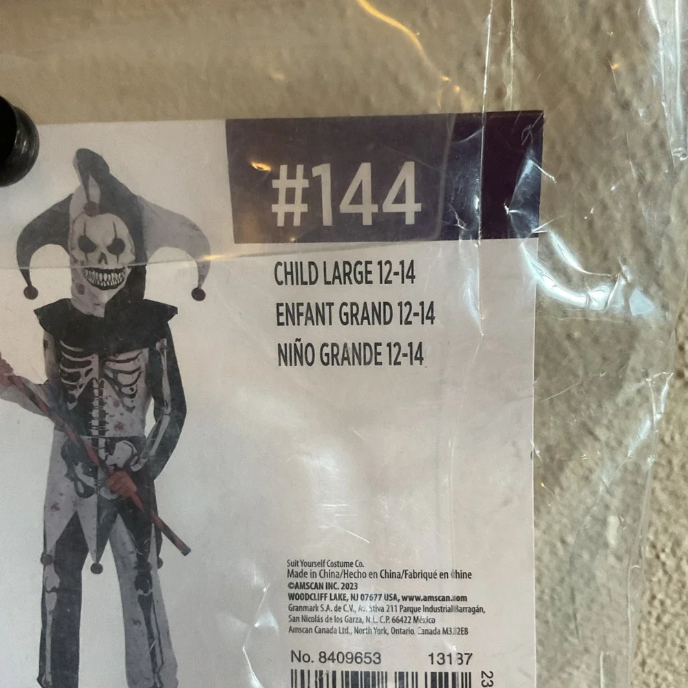 New Menacing Jester Halloween Costume - Scary Skeleton - Child Size Large 12-14